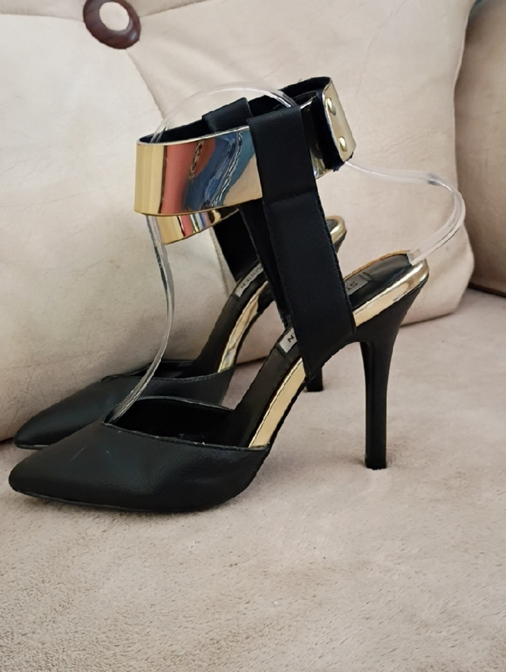 Steve Madden Black Pointed Toe Ankle-Cuff Heels with Gold Accent